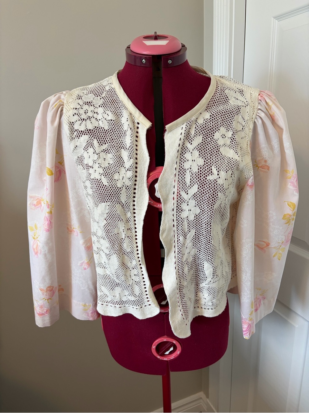 Women's Cream Lace Overlay Jacket with Pink Floral Sleeves